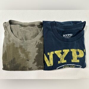 Calvin Klein Men's Olive Tie-Dye T-Shirt and NYPD blue T-Shirt.